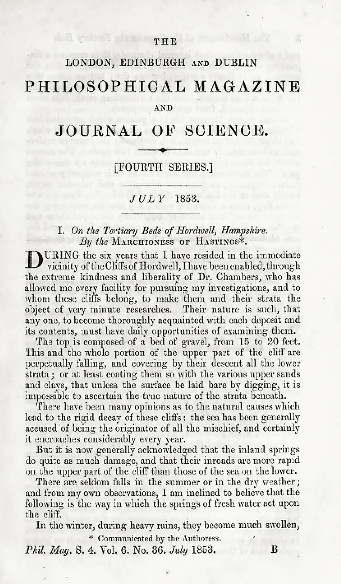 Première page de l’article de Barbara Yelverton, marquise de Hastings (1810-1858), publié en 1853 sur les niveaux d’âge tertiaire du Hampshire. La communication a également été faite par elle-même (voir l’astérisque au bas du document).